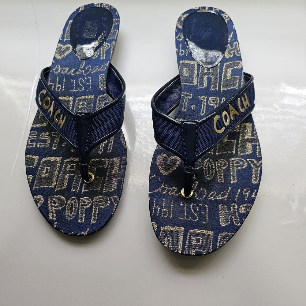 Coach Logo Print Flip Flops Women’s Size 8 1/2 Blue/ Gold